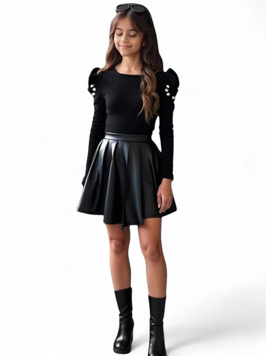 Pre teen leather skirt with black top girls set
