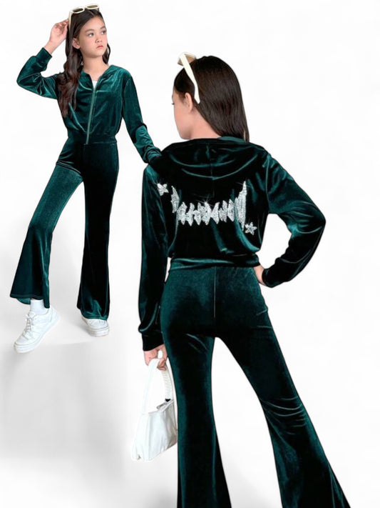Green velvet pre teen girls set