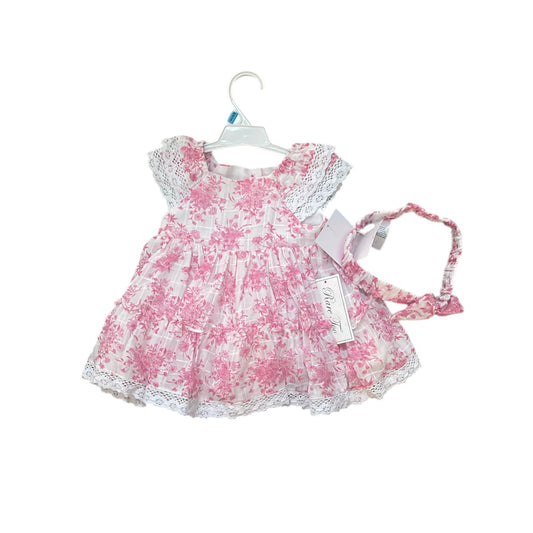 Pink & white floral baby girl dress with headband