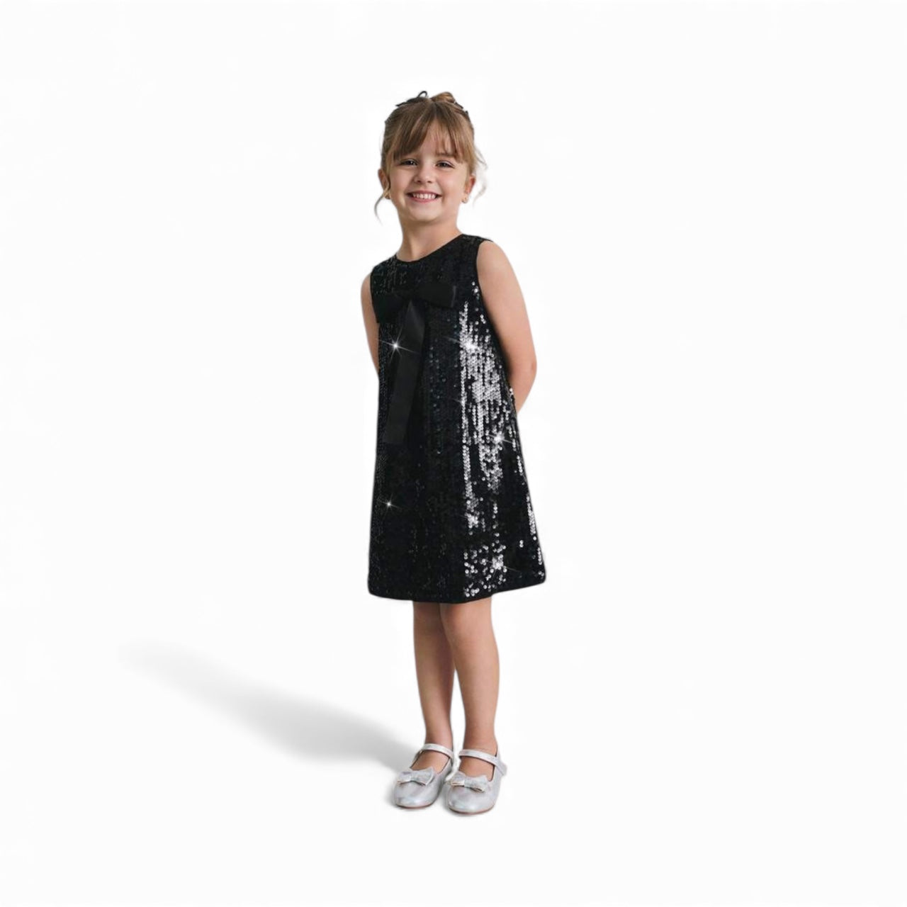 Girl black sequin dress with bow