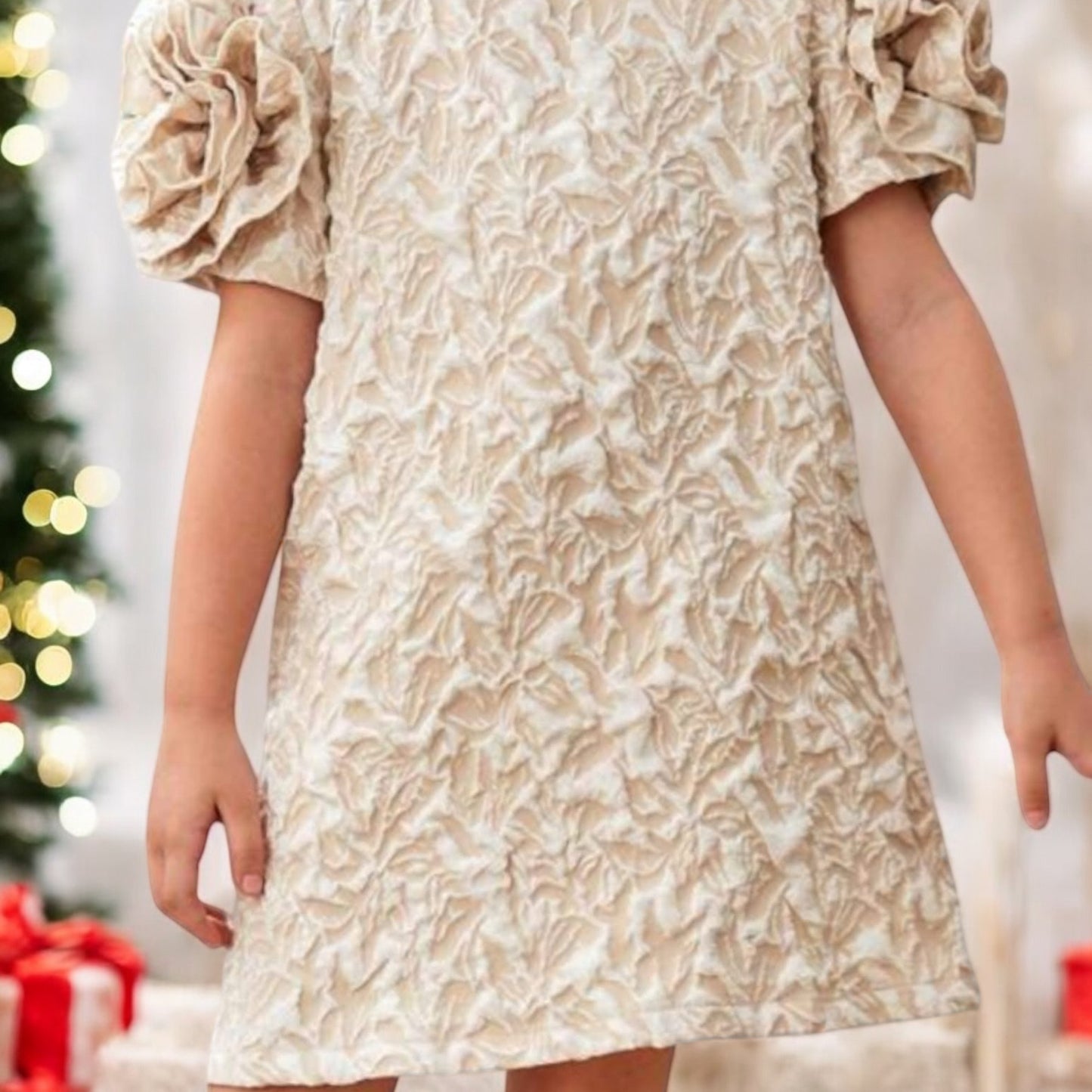 Gold with flowers shoulders girl formal dress
