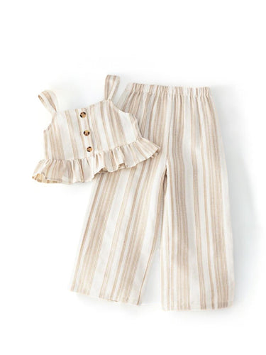 Button down cami top with wide leg long pants girls set
