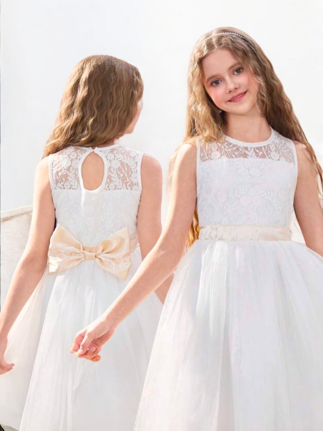 Pre teen white long formal girl dress
