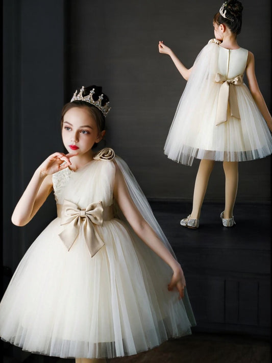 champagne  with gold bow girl formal dress 2k5