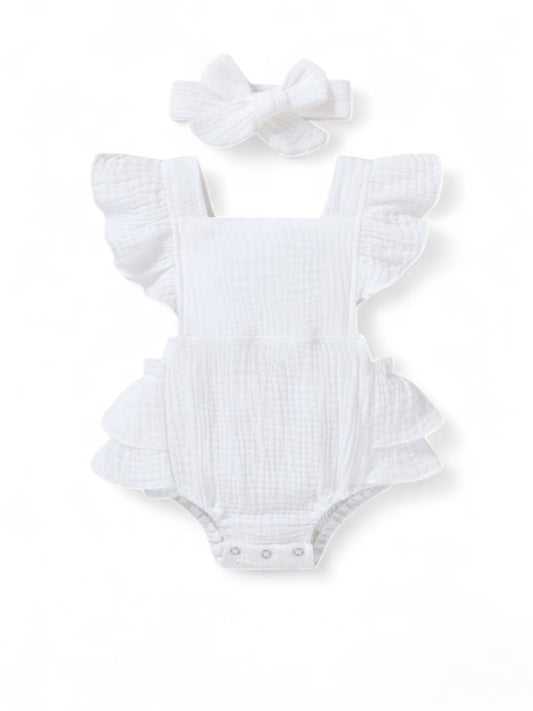2pc white ruffle romper baby set