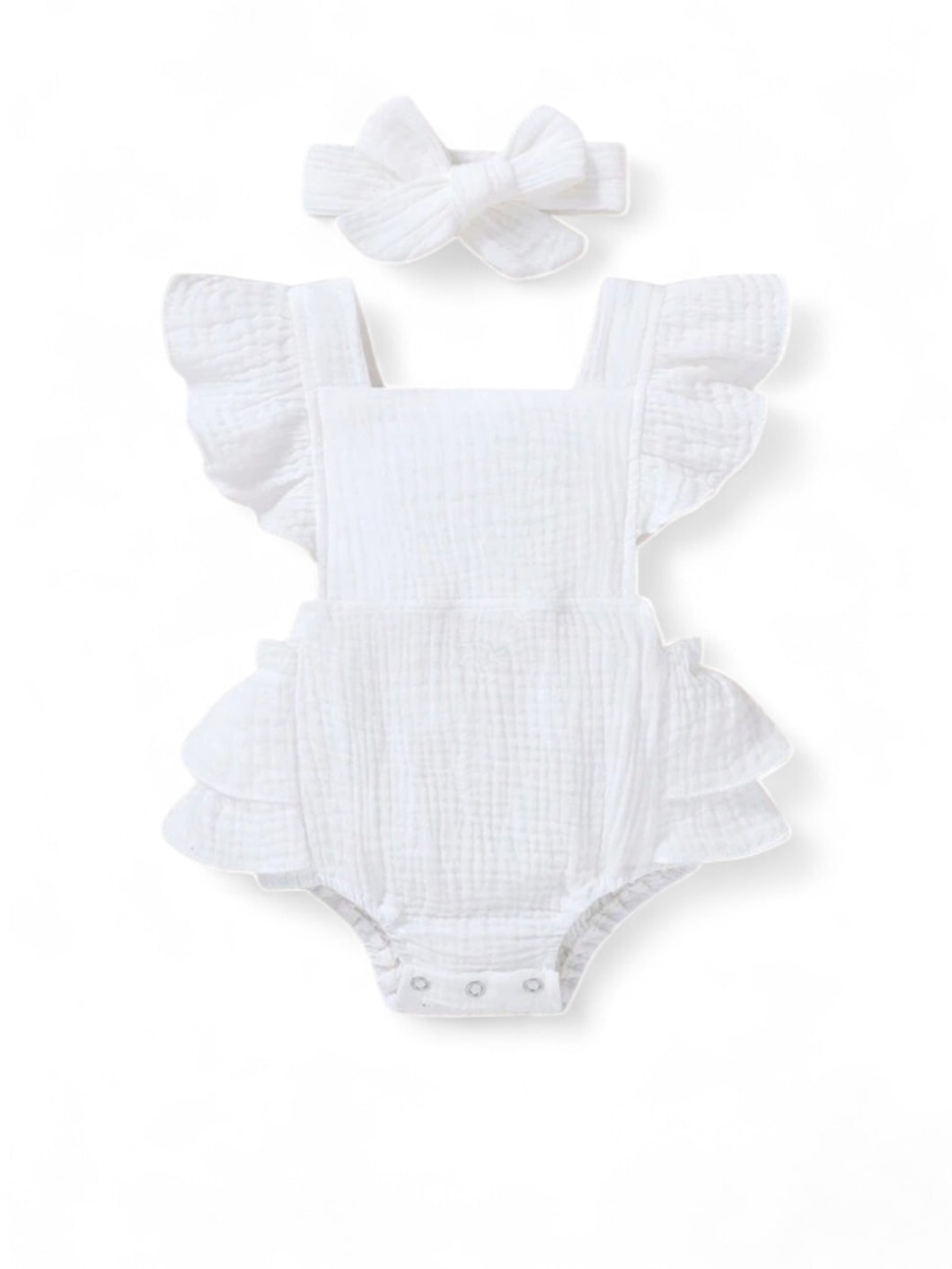 2pc white ruffle romper baby set