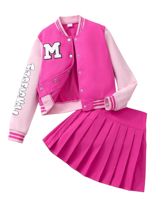 Pink jacket with pleated skirt girls set