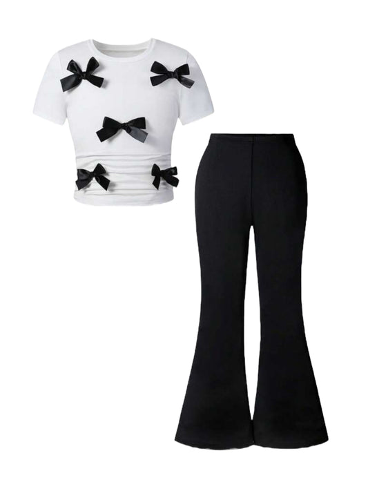 Black & white black bow 2pc girls set pre teen