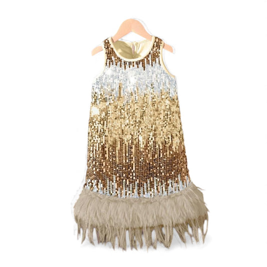 Gold & white sequence with feathery girls dress