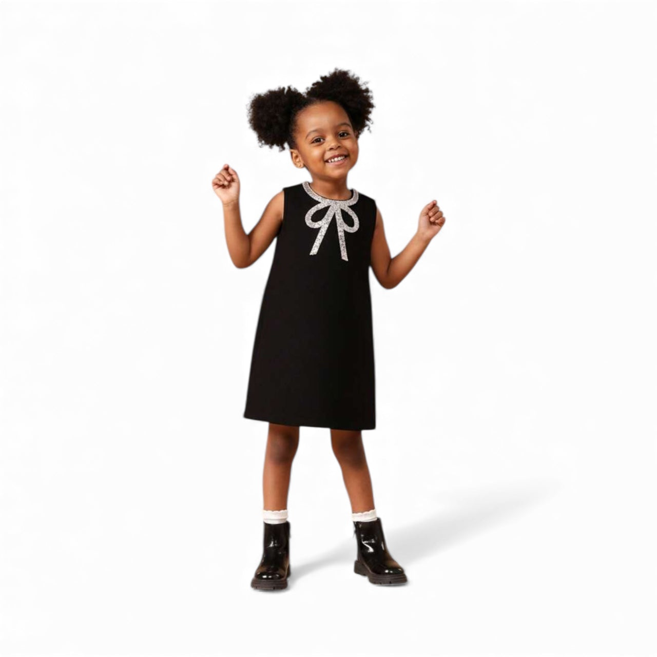 Girls black dress with silver bow