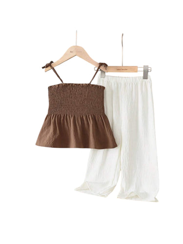 Chocolate Brown top with wide leg long pants linen girl set