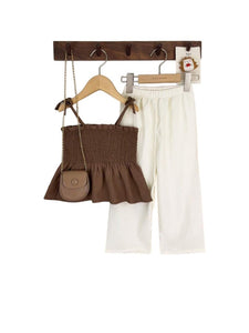 Chocolate Brown top with wide leg long pants linen girl set