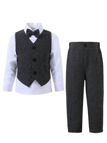 Boy formal 3 pc gray vest set with white shirt & bow tie
