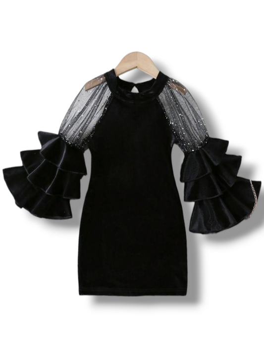 Girl black dress with ruffle long sleeve girl dress