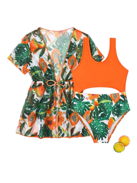 Orange & green flower print 2pc girl swimsuit
