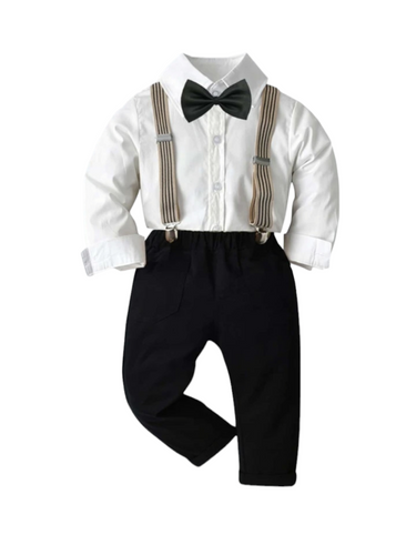 4pc boy  black & white with stripe suspender formal set