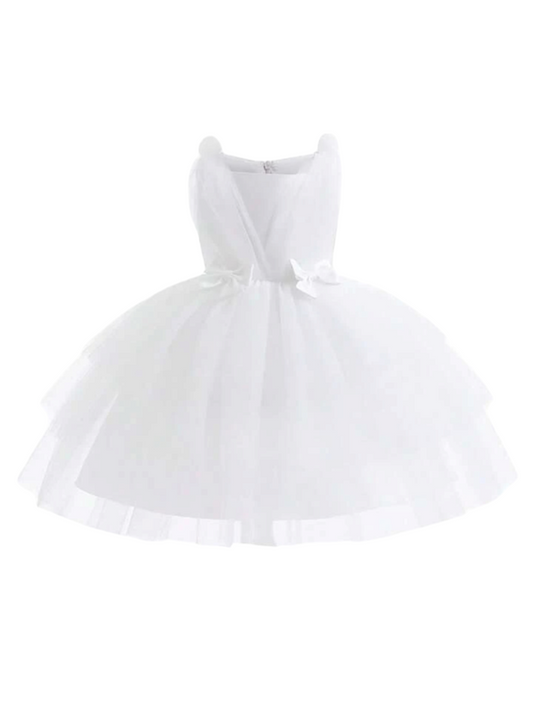 Girl  white formal dress with bow at waist