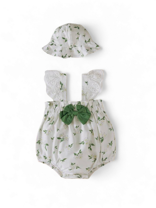 Green baby dress romper with hat