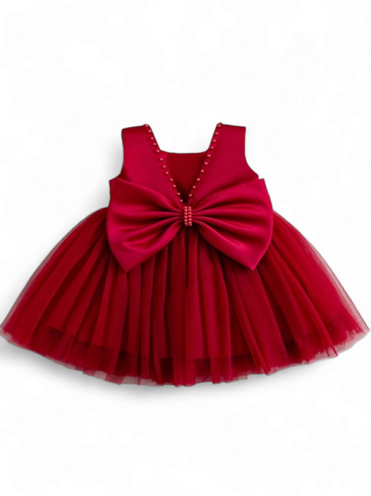 Red bow baby girl formal dress with pearl