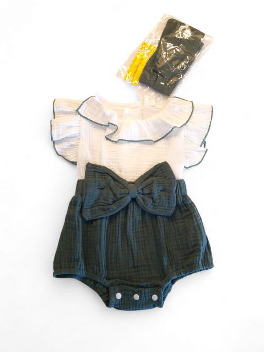 Green and white baby dreee romper with headband