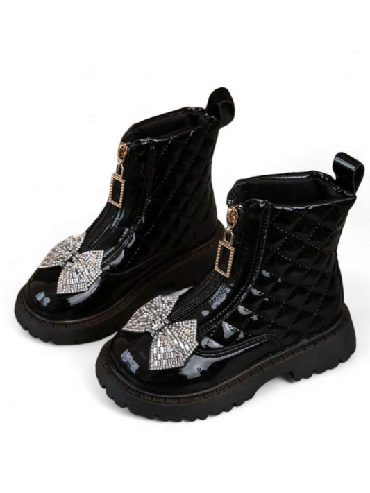 Silver bow zip up girl boots