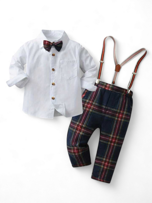 White and plaid with suspenders boy formal set