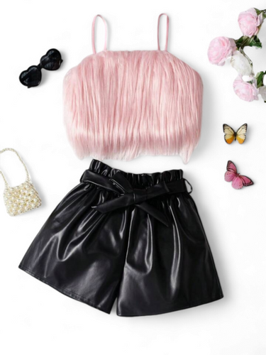 Fuzzy top with leather pants girls set