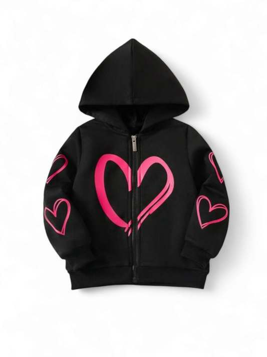 Black with pink heart girl zip up sweater hoodie