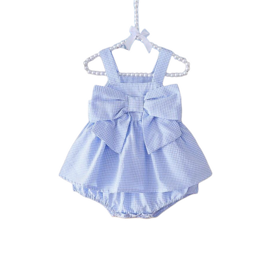 Blue stripe baby romper with bow infront