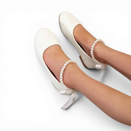 White formal flats girls shoes with pearl bow