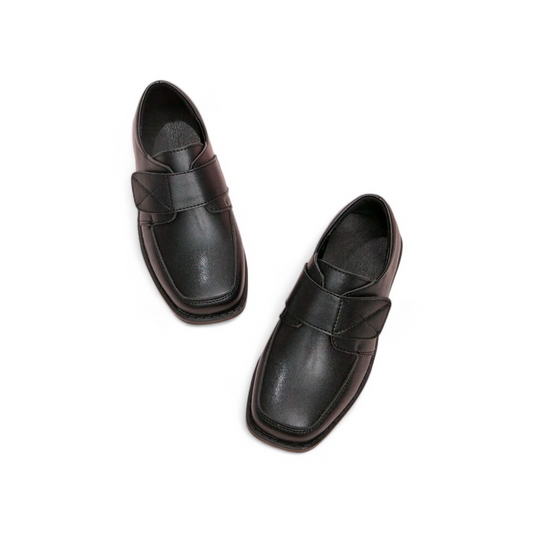Black leather formal boys shoes with velcro strap