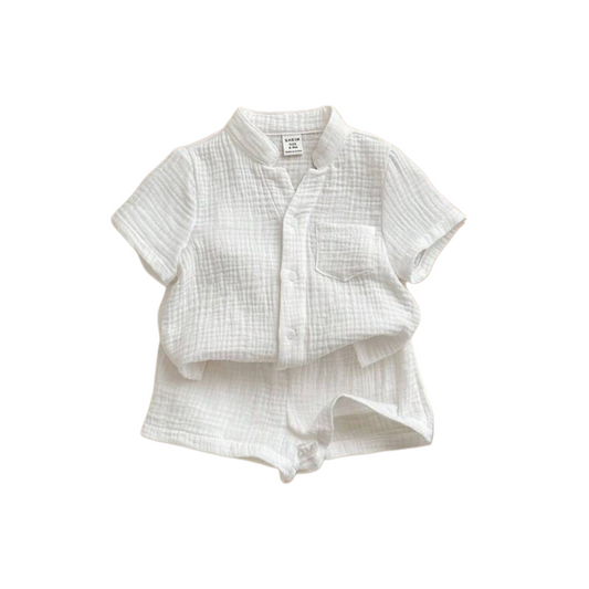 White linen shirt pants and short sleeve top boys set