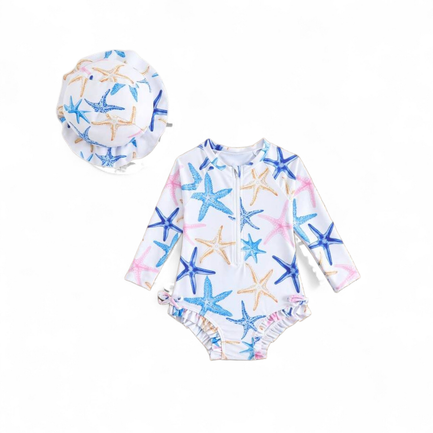 Multicolor star girls swimsuit with hat