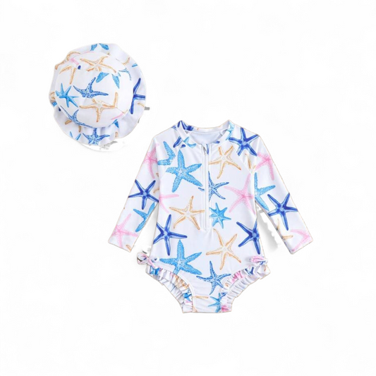 Multicolor star girls swimsuit with hat