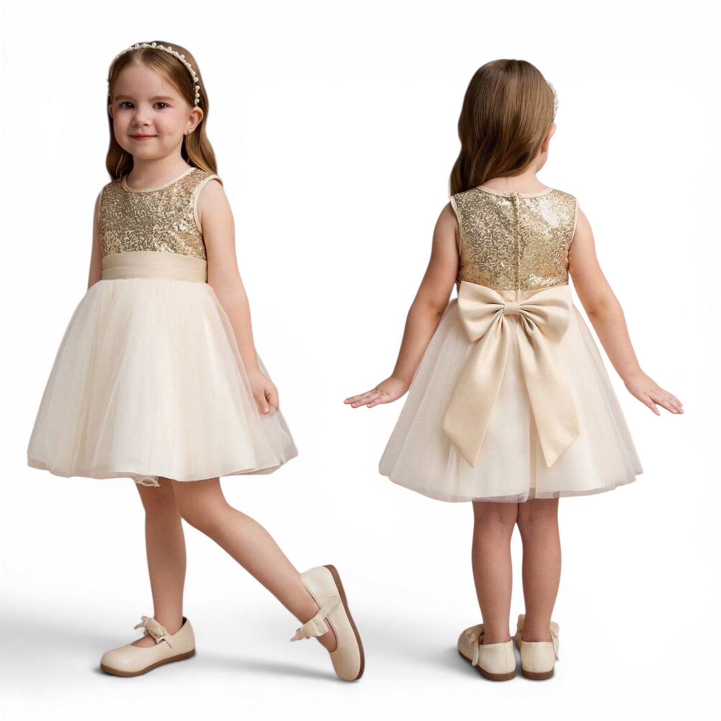 Gold tulle sequin  girls formal dress
