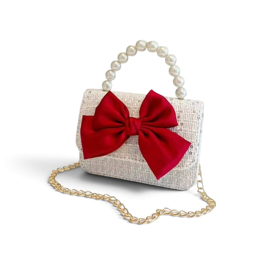 Girls white with red bow peal purse
