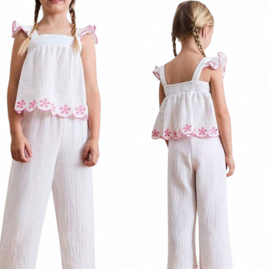 Girls bohemian white & pink pants set