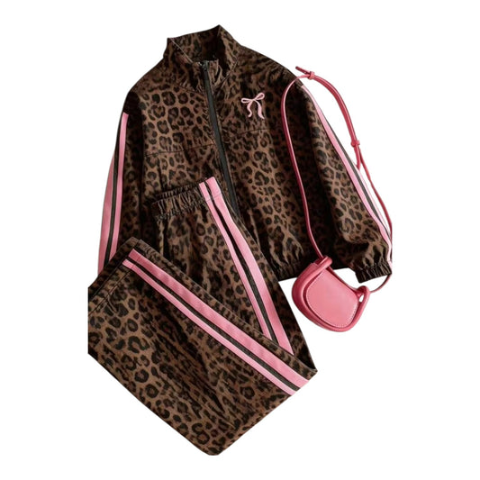 Leopard brown with pink girls track set