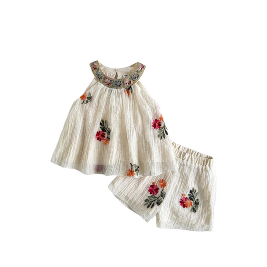 Beige floral bohemian girls 2pc pants set