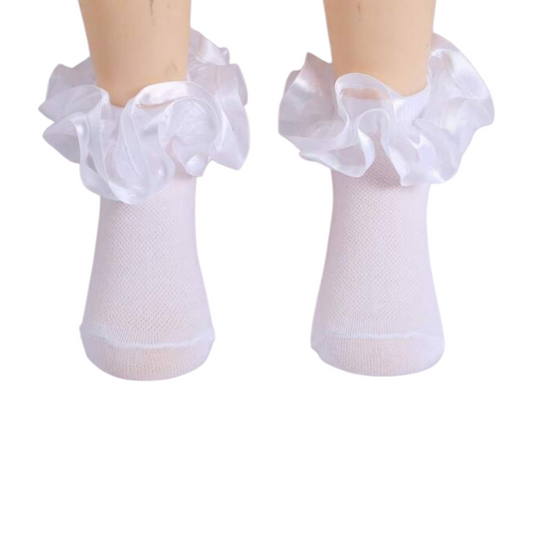 Lace ribbon frill cotton girls white socks 2k6