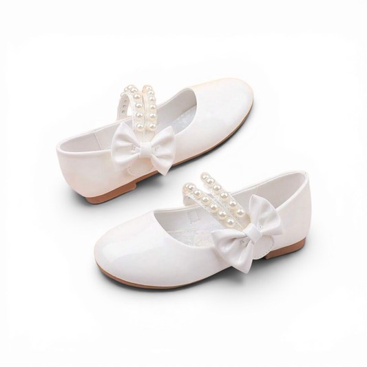 White pearl velcro strap girls formal shoes