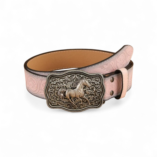 Pink cowgirl belt with horse buckle
