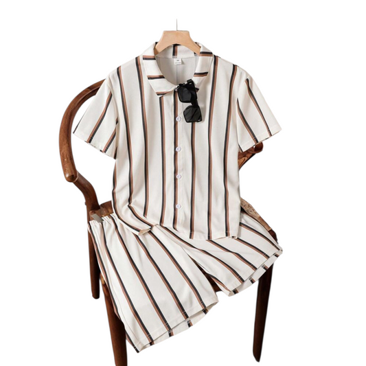 Beige with brown stripe teen boys 2pc beach set