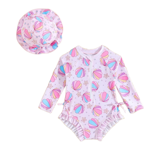 Pink shell print baby girl swimsuit