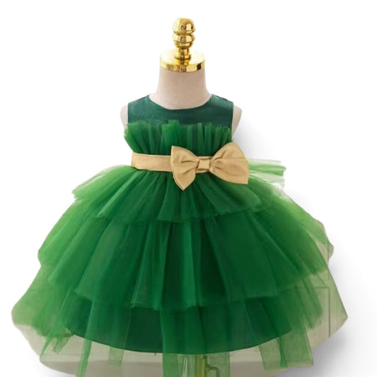 Baby girls green dress with gold bow