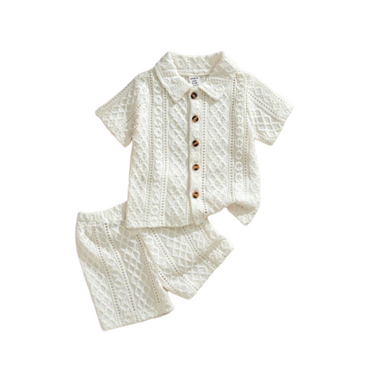 Beige 2pc boys beach  set button down brown buttons with shorts baby set