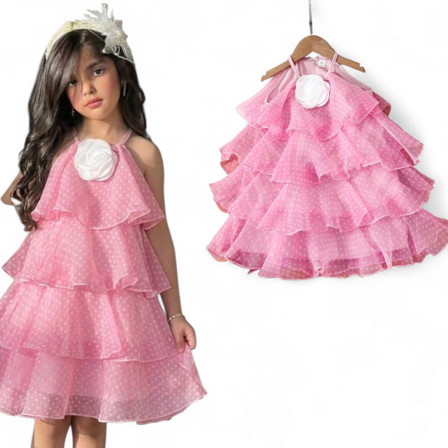 Flowy Pink polka dot with white rose girls dress