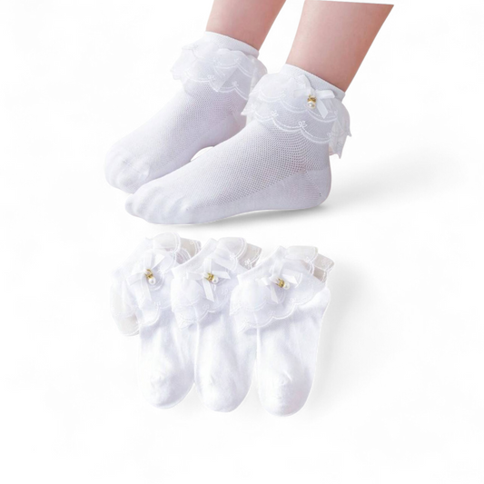 Girls  white frill socks with white & gold pearl 2k6