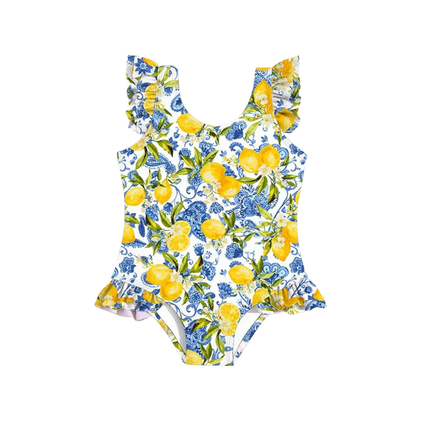 blue and yellow lemon print baby swimsuit