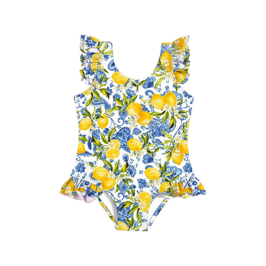 blue and yellow lemon print baby swimsuit